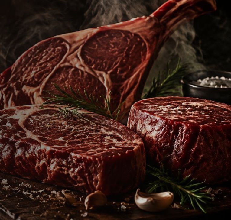 Cortes de carne sobre tábua de madeira